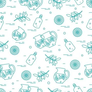 Cute seamless pattern with pitcher of sangria, orange, bottle of olive oil an Illustrazione stock