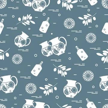 Cute seamless pattern with pitcher of sangria, orange, bottle of olive oil an Stock Illustration