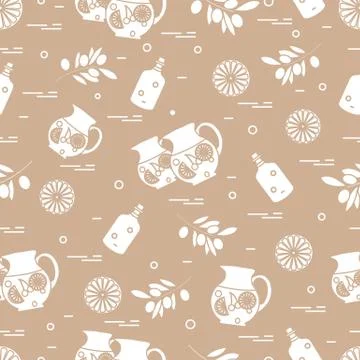 Cute seamless pattern with pitcher of sangria, orange, bottle of olive oil an Stock Illustration
