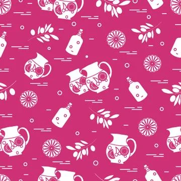 Cute seamless pattern with pitcher of sangria, orange, bottle of olive oil an Stock Illustration