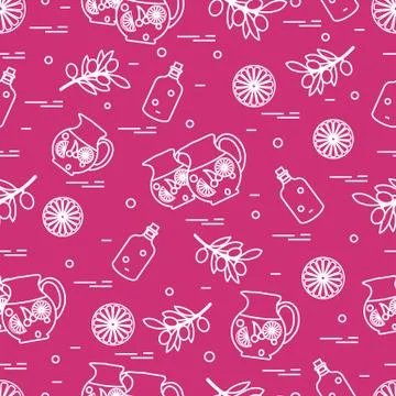 Cute seamless pattern with pitcher of sangria, orange, bottle of olive oil an Stock Illustration