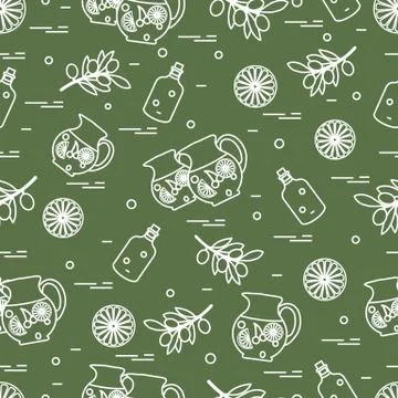 Cute seamless pattern with pitcher of sangria, orange, bottle of olive oil an 스톡 일러스트