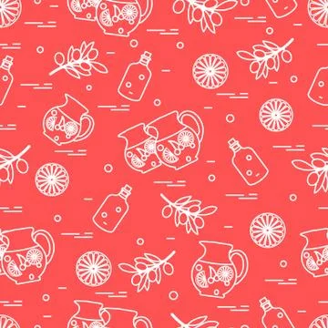 Cute seamless pattern with pitcher of sangria, orange, bottle of olive oil an Stock Illustration