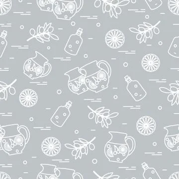 Cute seamless pattern with pitcher of sangria, orange, bottle of olive oil an 스톡 일러스트