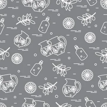 Cute seamless pattern with pitcher of sangria, orange, bottle of olive oil an Stock Illustration
