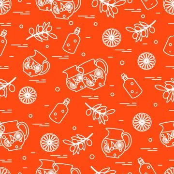 Cute seamless pattern with pitcher of sangria, orange, bottle of olive oil an Stock Illustration