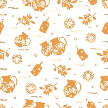 Cute seamless pattern with pitcher of sangria, orange, bottle of olive oil an Stock Illustration