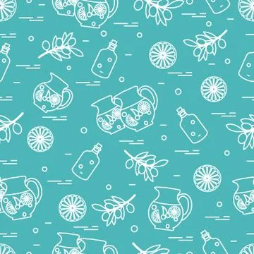 Cute seamless pattern with pitcher of sangria, orange, bottle of olive oil an Stock Illustration