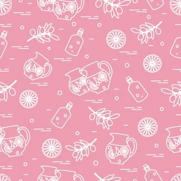Cute seamless pattern with pitcher of sangria, orange, bottle of olive oil an Stock Illustration