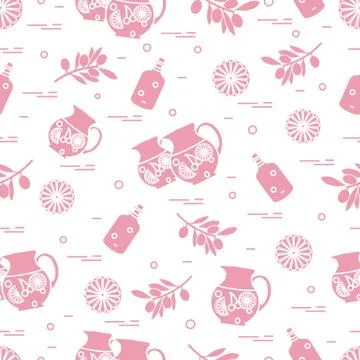 Cute seamless pattern with pitcher of sangria, orange, bottle of olive oil an Stock Illustration