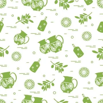 Cute seamless pattern with pitcher of sangria, orange, bottle of olive oil an Stock Illustration