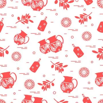 Cute seamless pattern with pitcher of sangria, orange, bottle of olive oil an Stock Illustration