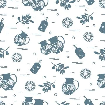 Cute seamless pattern with pitcher of sangria, orange, bottle of olive oil an Stock Illustration