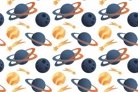 Cute seamless pattern with planets, sun, stars. Flat space design Hand-drawn Stock Illustration