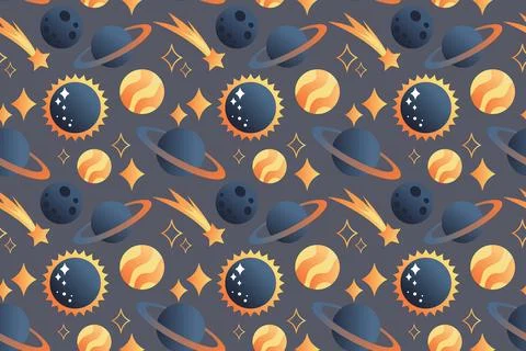 Cute seamless pattern with planets, the sun, and stars on a dark background. Illustrazione stock