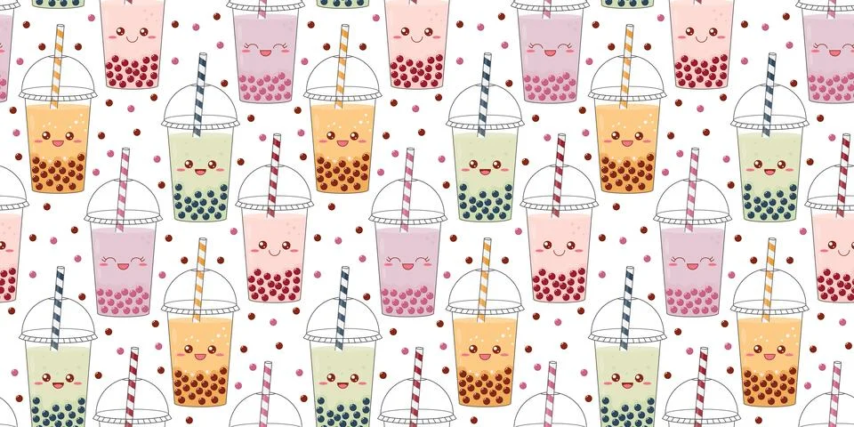 Cute seamless pattern with plastic glasses of bubble tea. Funny kawaii char.. 스톡 일러스트