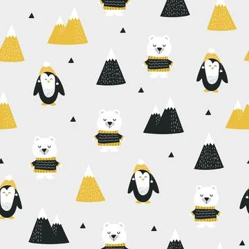 Cute seamless pattern with polar bear, penguin and mountains. Hand drawn 스톡 일러스트