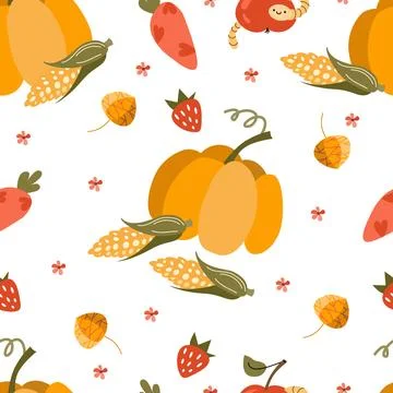 Cute seamless pattern with pumpkin, corn, berries and leaves for kids texti.. Stock Illustration