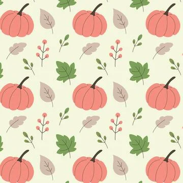 Cute seamless pattern with pumpkins, leaves and berries in soft autumn colo.. Stock Illustration