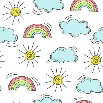Cute seamless pattern with a rainbow, clouds and sun on white Stock Illustration