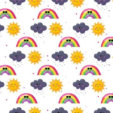 Cute seamless pattern rainbow, sun and rainy design background Stock Illustration