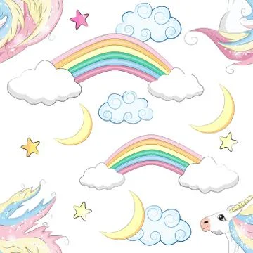 Cute seamless pattern with rainbow unicorns in the clouds Stock Illustration