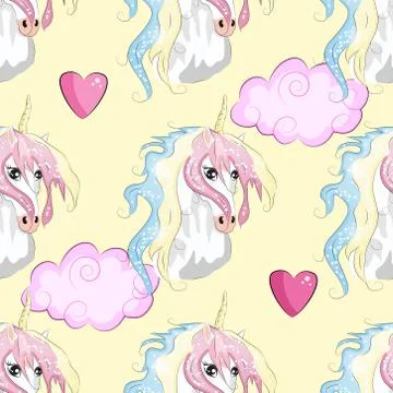 Cute seamless pattern with rainbow unicorns in the clouds Stock Illustration