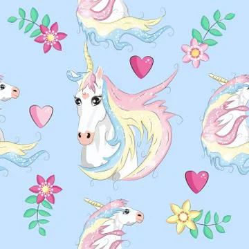 Cute seamless pattern with rainbow unicorns in the clouds Stock Illustration