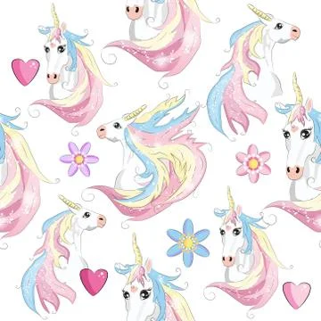 Cute seamless pattern with rainbow unicorns in the clouds Stock Illustration