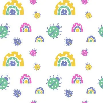 Cute seamless pattern with rainbows and ladybug 스톡 일러스트