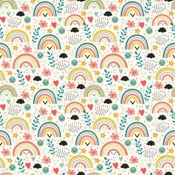 Cute Seamless pattern with rainbows, flowers Stock Illustration