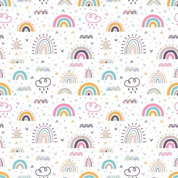 Cute seamless pattern with rainbows. Hand drawn nursery design. Trendy baby.. Stock Illustration