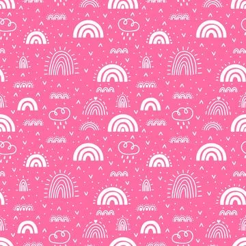 Cute seamless pattern with rainbows. Hand drawn nursery design. Trendy baby.. Stock Illustration