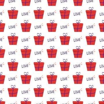 Cute seamless pattern with red gift boxes, word love and hearts Illustrazione stock
