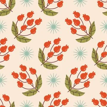 Cute seamless pattern with red rosehip berries branch and stars in polka dot  Stock Illustration