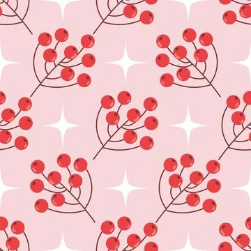 Cute seamless pattern with red rowan berries branch and stars in polka dot or Illustrazione stock