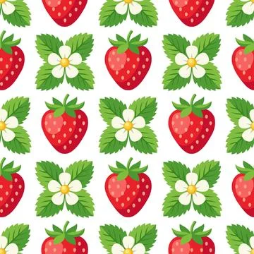 Cute Seamless Pattern with Ripe Strawberries, White Flowers and Green Leave.. Stock Illustration