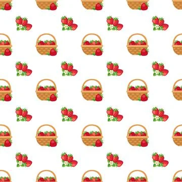 Cute Seamless Pattern with Ripe Strawberries and Woven Baskets on White Bac.. Stock Illustration