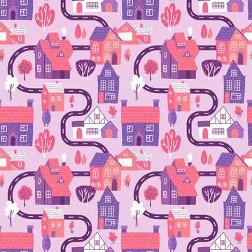 Cute seamless pattern with road, houses and trees on pink background. Spring Stock Illustration