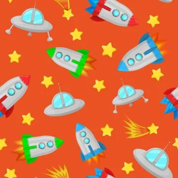 Cute seamless pattern with rockets, flying saucers, stars and comets. Children's Illustrazione stock