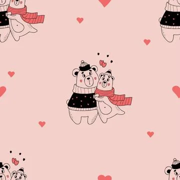 Cute seamless pattern. Romantic enamored hugging bears on pink background w.. 스톡 일러스트