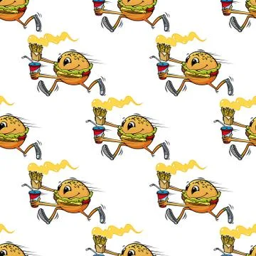 Cute seamless pattern of a running hamburger Stockillustratie