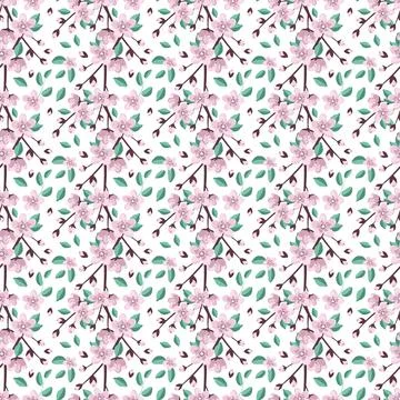 Cute seamless pattern with sakura flowers and twigs. Stock Illustration