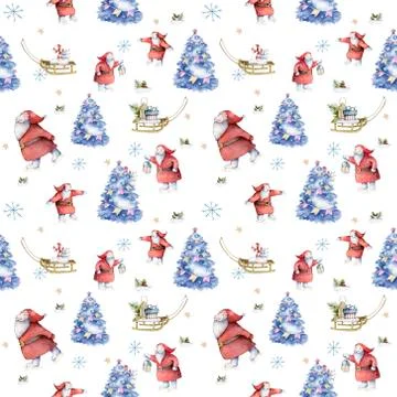 Cute seamless pattern with Santa Claus and spruce tree on white background fo Stock Illustration