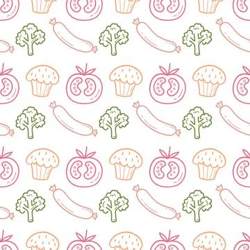 Cute Seamless Pattern with Sausage Tomato Broccoli Muffin Stock Illustration