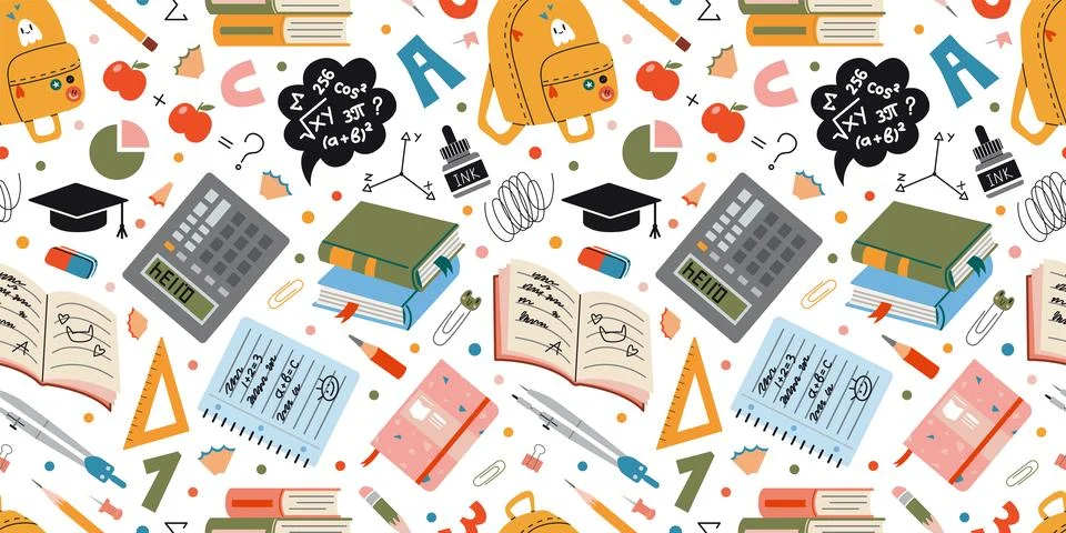 Cute Seamless pattern with school and education concept. Supplies like book.. Stock Illustration