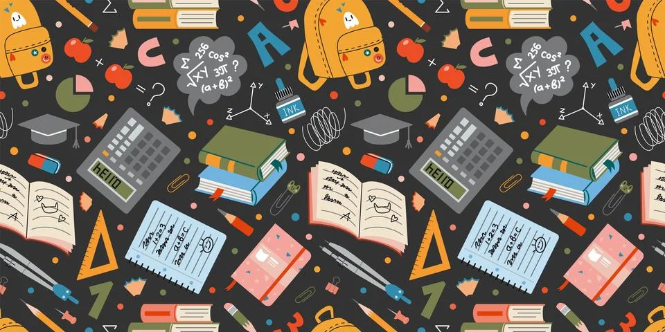 Cute Seamless pattern with school and education concept. Supplies like book.. Illustrazione stock