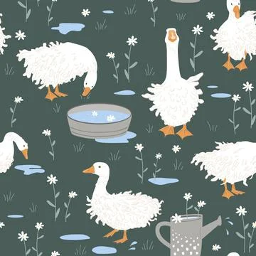 Cute seamless pattern with Sebastopol goose, doodle flowers, and paddles after Stock Illustration