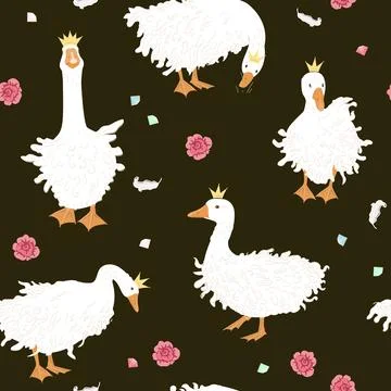 Cute seamless pattern with Sebastopol goose in crowns, diamonds, and rose Stock Illustration