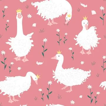 Cute seamless pattern with Sebastopol goose in crowns, and white daisy flower Stock Illustration